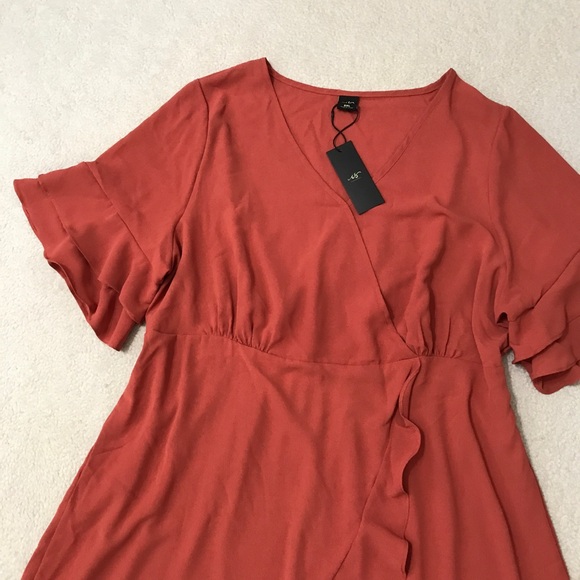 Faux Wrap Midi Dress Ruffle Short Sleeve Burnt Orange Size 2X - Picture 6 of 14